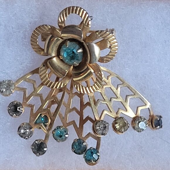 Vintage Goldtone Filigree Turquoise Blue Clear Rhinestones Pin Brooch - Picture 1 of 6